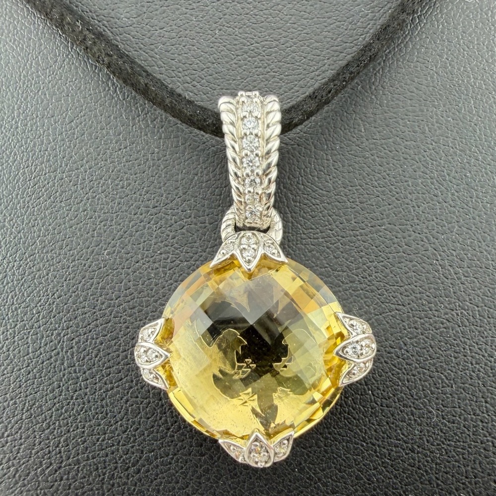 Judith Ripka Cushion Cut Citrine Enhancer Pendant 925 Silver CZ Fleur De Lis